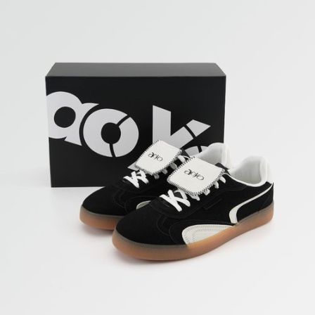 aoyo春季新款复古百搭德训鞋 小众休闲潮鞋绒面拼色系带板鞋