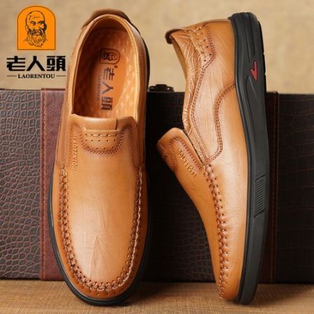 老人头皮鞋男软皮春季舒适休闲男鞋真皮透气一脚蹬软底中年豆豆鞋