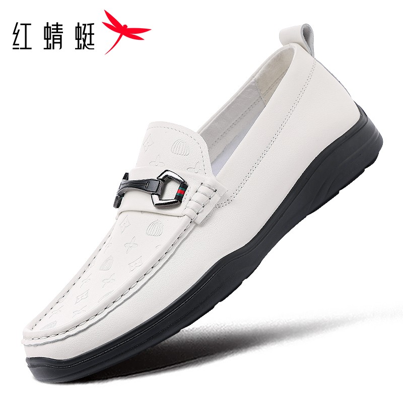 红蜻蜓男鞋2026春夏白色豆豆鞋真皮一脚蹬男士白色皮鞋乐福鞋休闲主图
