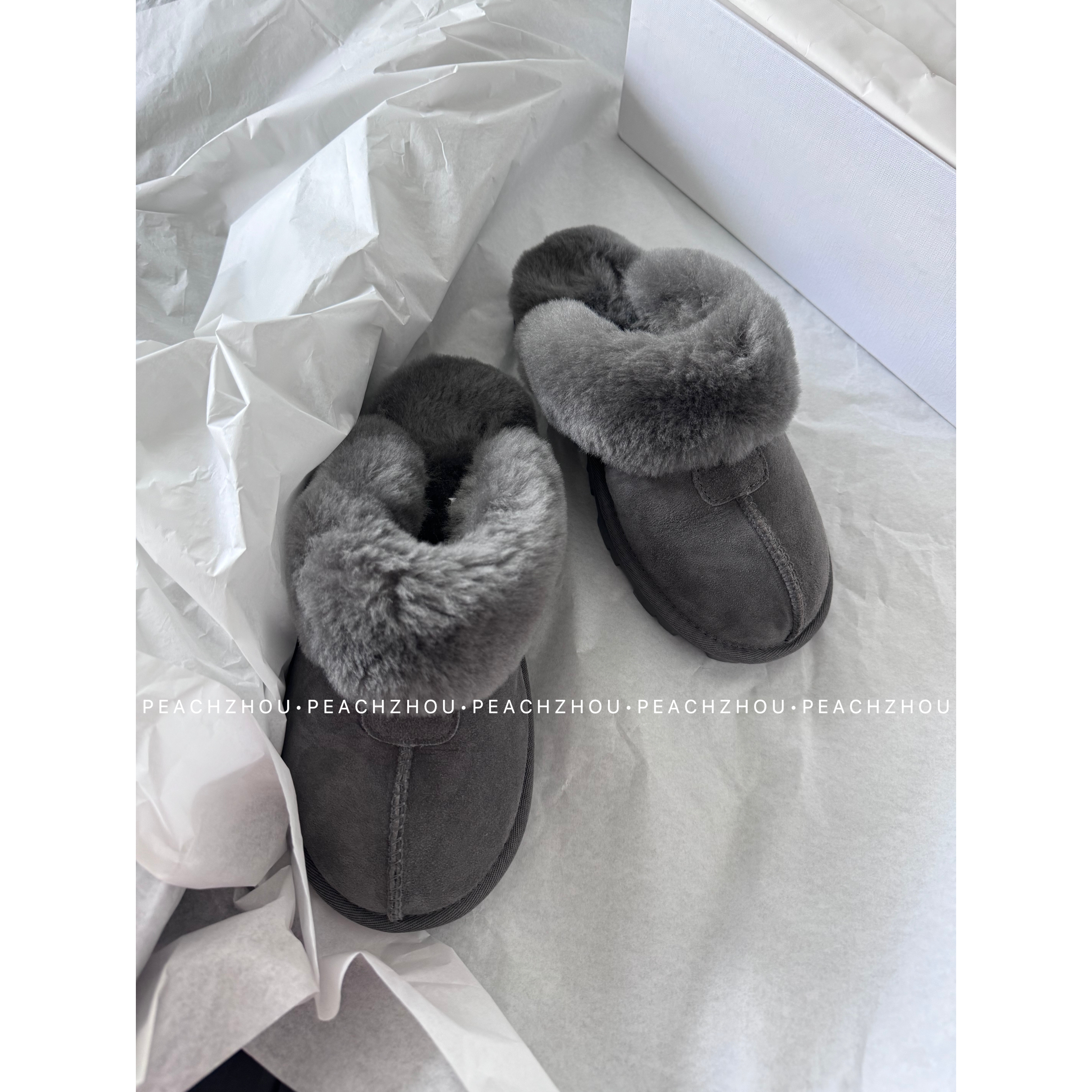 PEACHZHOU 羊皮毛一体包头外穿半拖鞋休闲保暖毛拖一脚蹬星拖主图