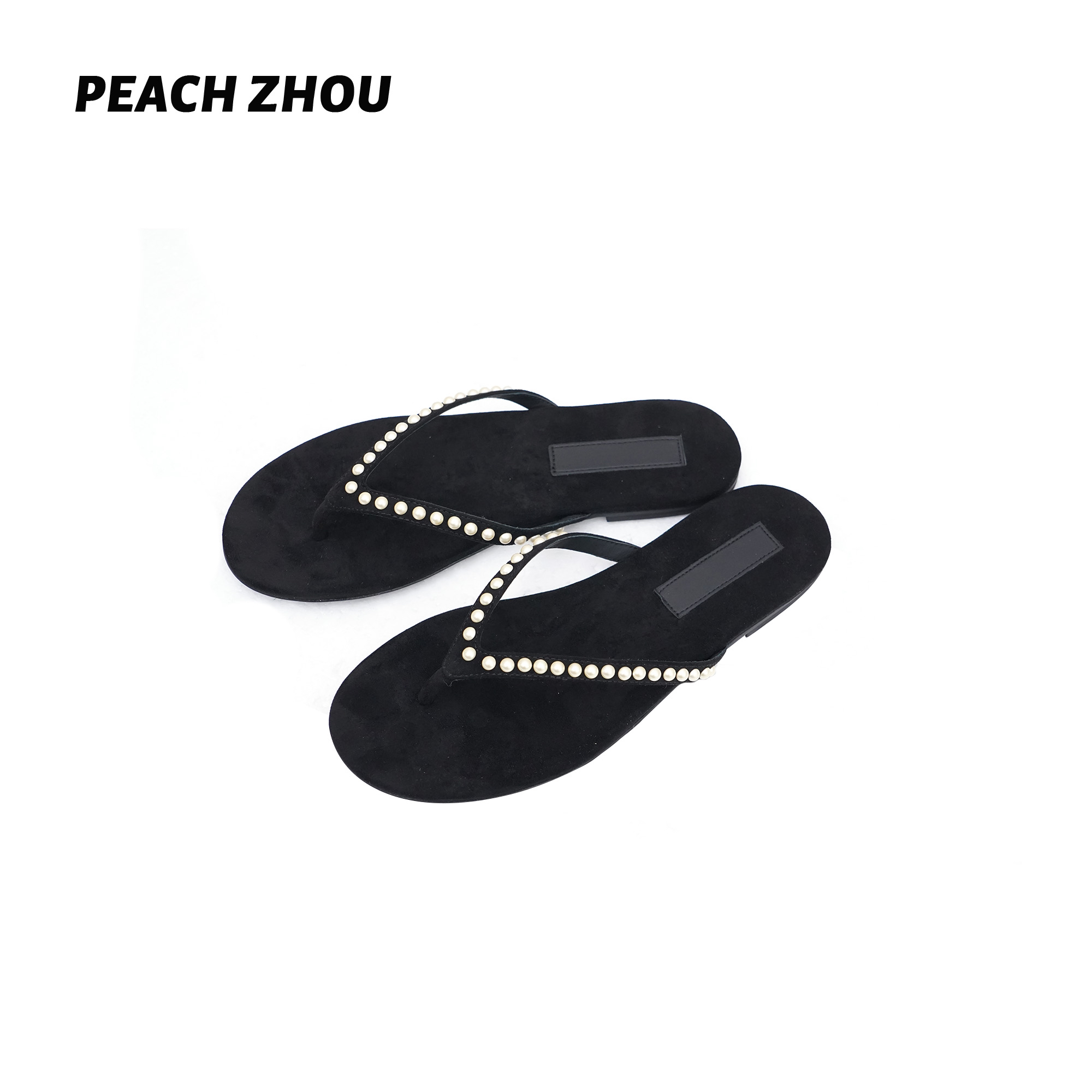 『PEACHZHOU』小香风珍珠纳米绒高级感羊皮人字拖休闲平底夹趾凉鞋主图