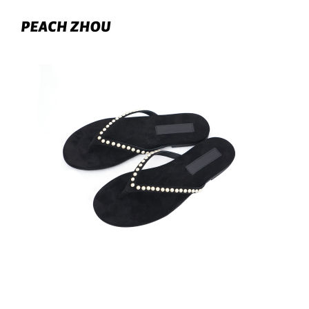 『PEACHZHOU』小香风珍珠纳米绒高级感羊皮人字拖休闲平底夹趾凉鞋