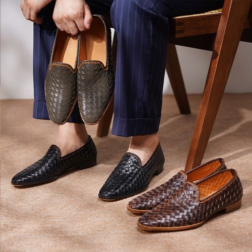 北町2024【鞮足衣】编织真皮乐福鞋镂空男士夏季透气商务休闲男时尚主图