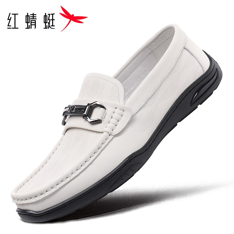 红蜻蜓白色豆豆鞋2026春夏男皮鞋真皮一脚蹬乐福鞋气垫缓震开车鞋主图