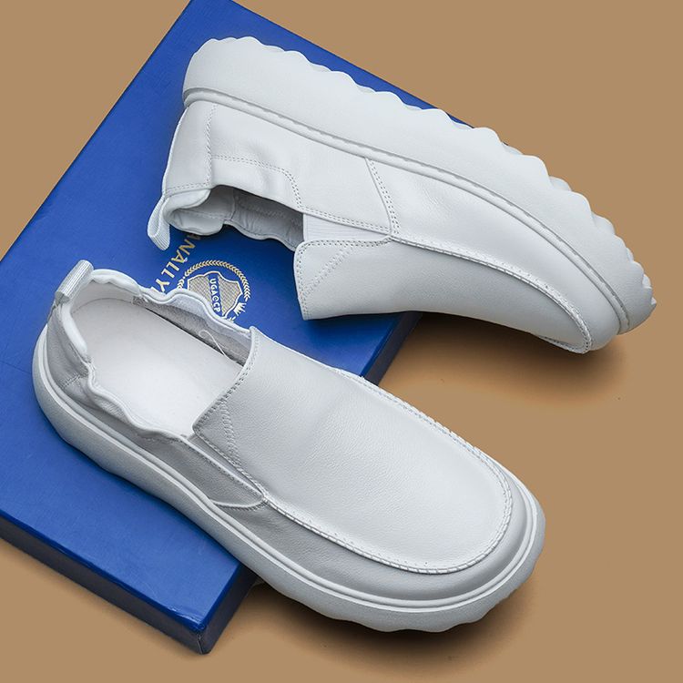 男鞋2026新款透气真皮头层牛皮厚底增高白色男士一脚蹬懒人乐福鞋主图