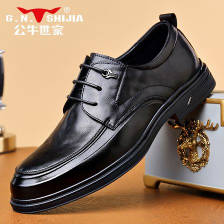 G.N.Shi Jia/公牛世家商务皮鞋男黑色系带德比鞋休闲百搭正装男鞋