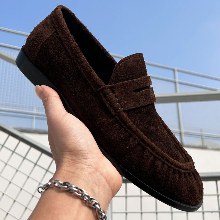 春季新款复古风男士透气翻毛皮一脚蹬乐福鞋低帮套脚瘦版牛皮皮鞋主图
