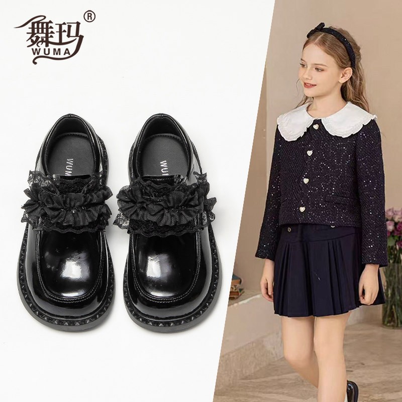 舞玛女童鞋子儿童公主单鞋2026春季新款亮面皮蕾丝软底皮鞋616040主图