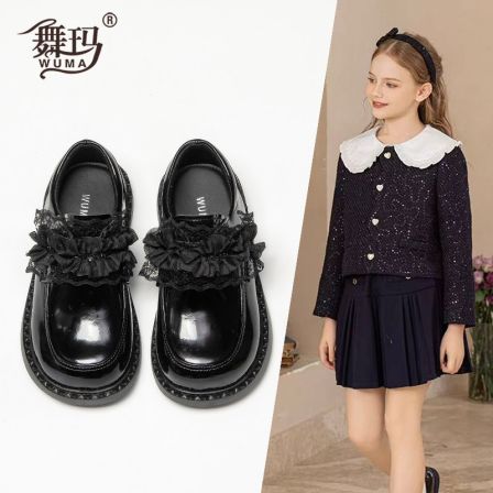 舞玛女童鞋子儿童公主单鞋2026春季新款亮面皮蕾丝软底皮鞋616040