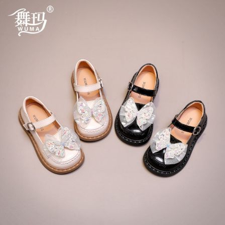 舞玛女童鞋儿童皮鞋2026春季新款蝴蝶结亮面公主鞋黑色单鞋616045