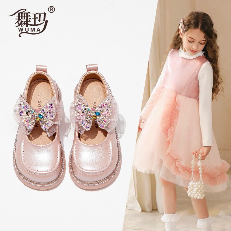 舞玛女童鞋子儿童公主鞋2026新款春季可爱水晶蝴蝶结皮鞋子616037主图