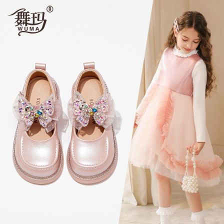 舞玛女童鞋子儿童公主鞋2026新款春季可爱水晶蝴蝶结皮鞋子616037
