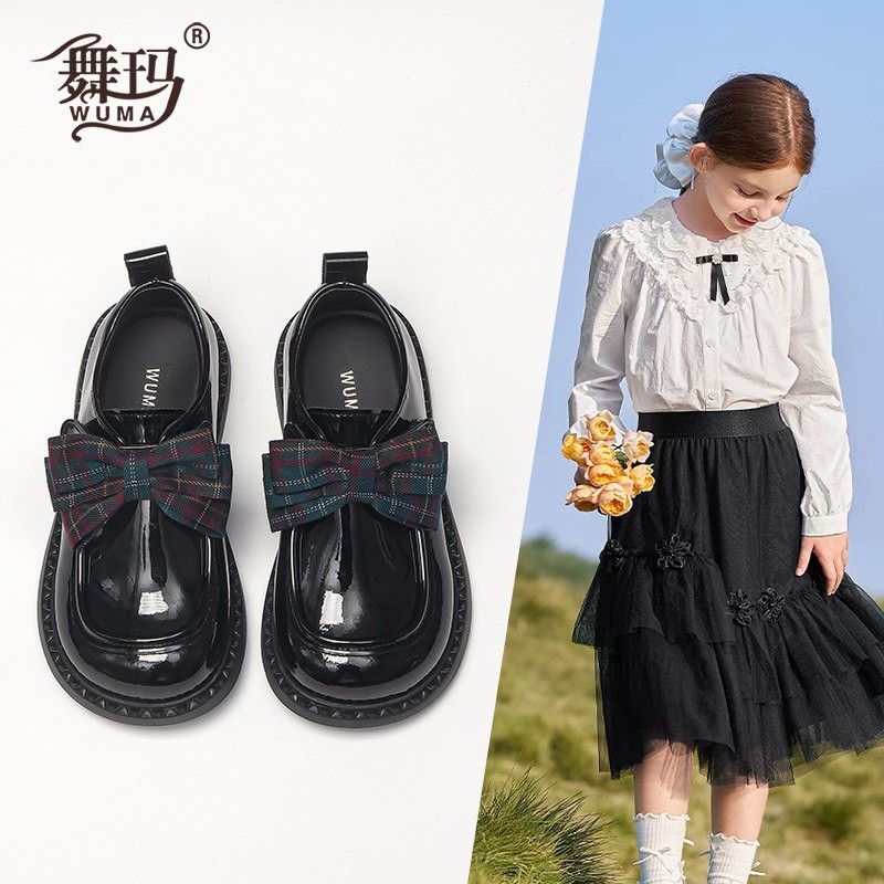 舞玛女童鞋子儿童皮鞋2026春秋季新款亮面皮蝴蝶结黑色单鞋616042主图