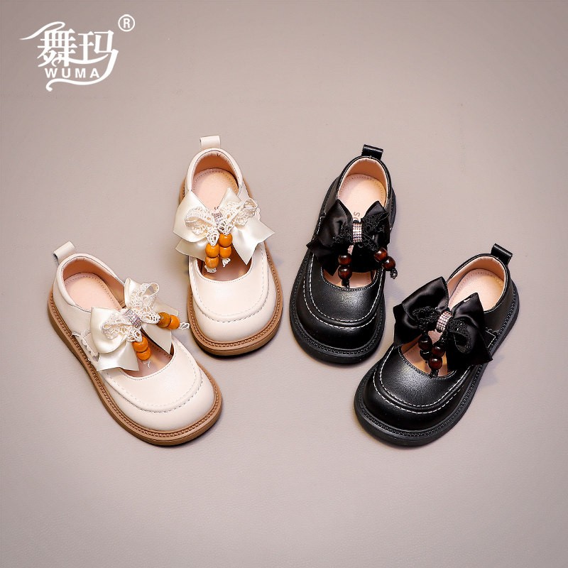 舞玛女童鞋子儿童公主鞋2026新款春季蝴蝶结软底黑色皮鞋616035主图