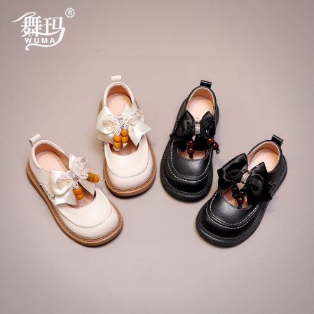 舞玛女童鞋子儿童公主鞋2026新款春季蝴蝶结软底黑色皮鞋616035