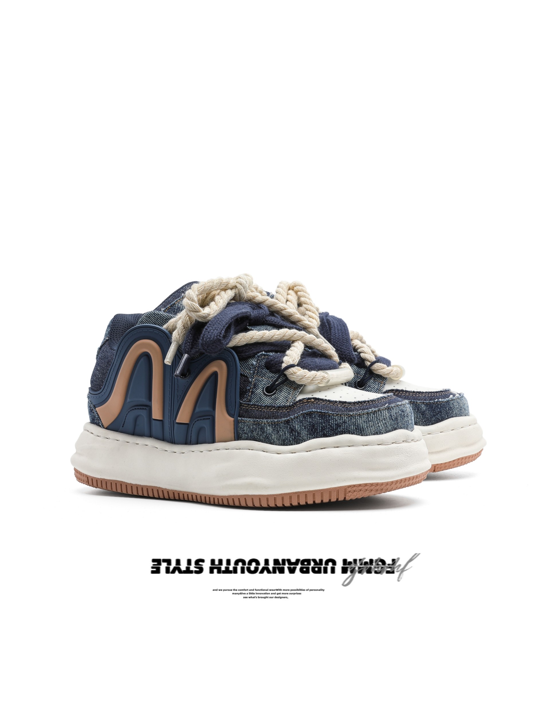 FGMM原创设计7CM隐形增高鞋子男女款牛仔帆布拼接板鞋情侣面包鞋主图