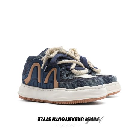 FGMM原创设计7CM隐形增高鞋子男女款牛仔帆布拼接板鞋情侣面包鞋