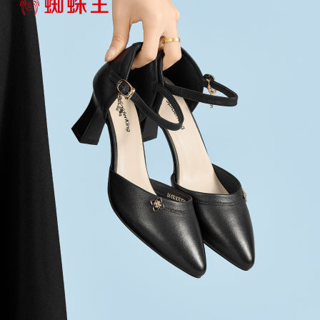 蜘蛛王女鞋一字式扣带尖头通勤风高跟鞋2026年春夏季新款真皮鞋女