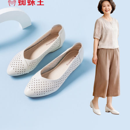 蜘蛛王女鞋牛皮平跟镂空休闲妈妈鞋2026新款夏季正品一脚蹬平底鞋