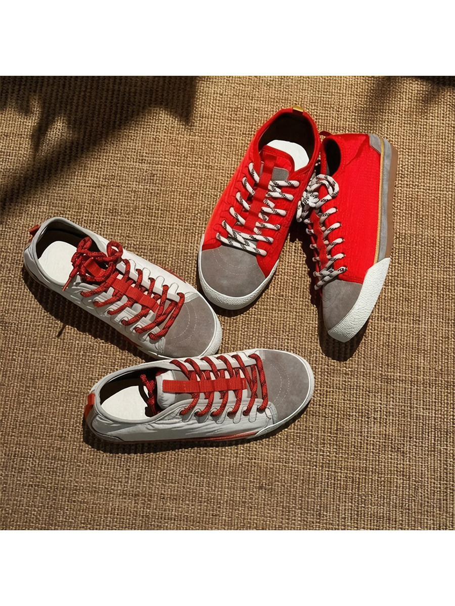 牛皮版~复古拼色圆头系带板鞋平底德训鞋女百搭透气休闲鞋帆布鞋主图