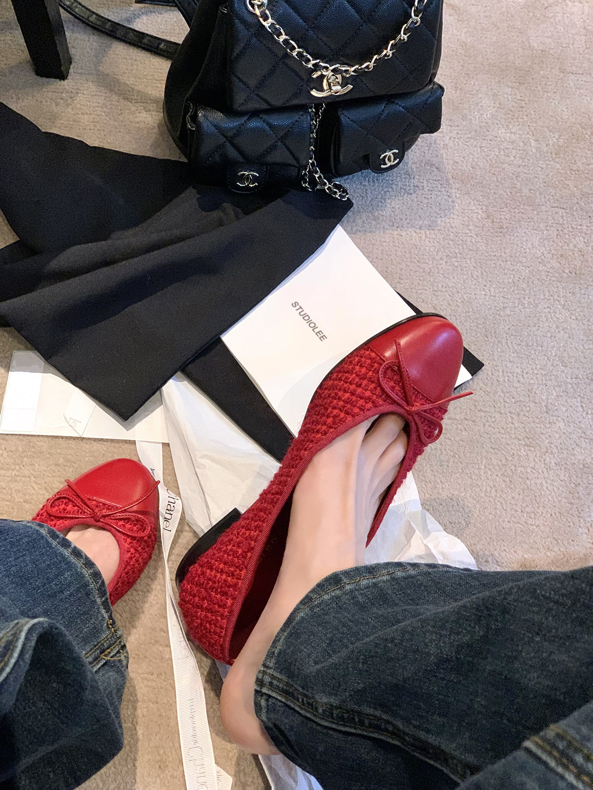 葡萄妈studiolee 早春拼接小圆头粗花呢通勤百搭小香风低跟单鞋女主图