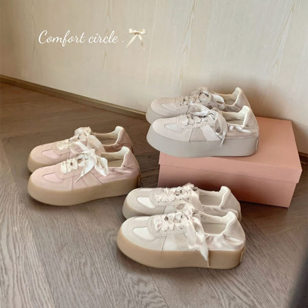 【苏茵茵】奶妹德训鞋~超软5.5cm内增高厚底丝带绸缎休闲鞋女板鞋