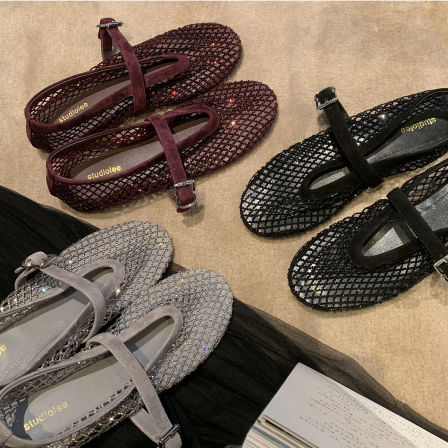 葡萄妈studiolee  闪钻镂空渔网单鞋一字带玛丽珍女鞋春季新款