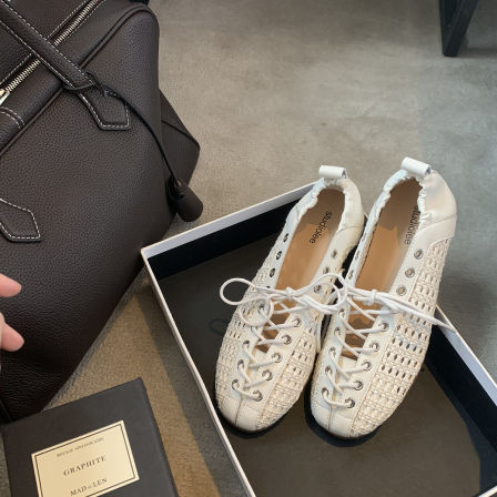 葡萄妈studiolee 春季优雅法式绑带编织镂空松紧平底鞋芭蕾单鞋女