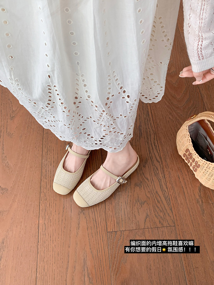 【苏茵茵】清迈拖~5cm内增高度假风扣子编织沙滩凉拖鞋女包头半拖主图