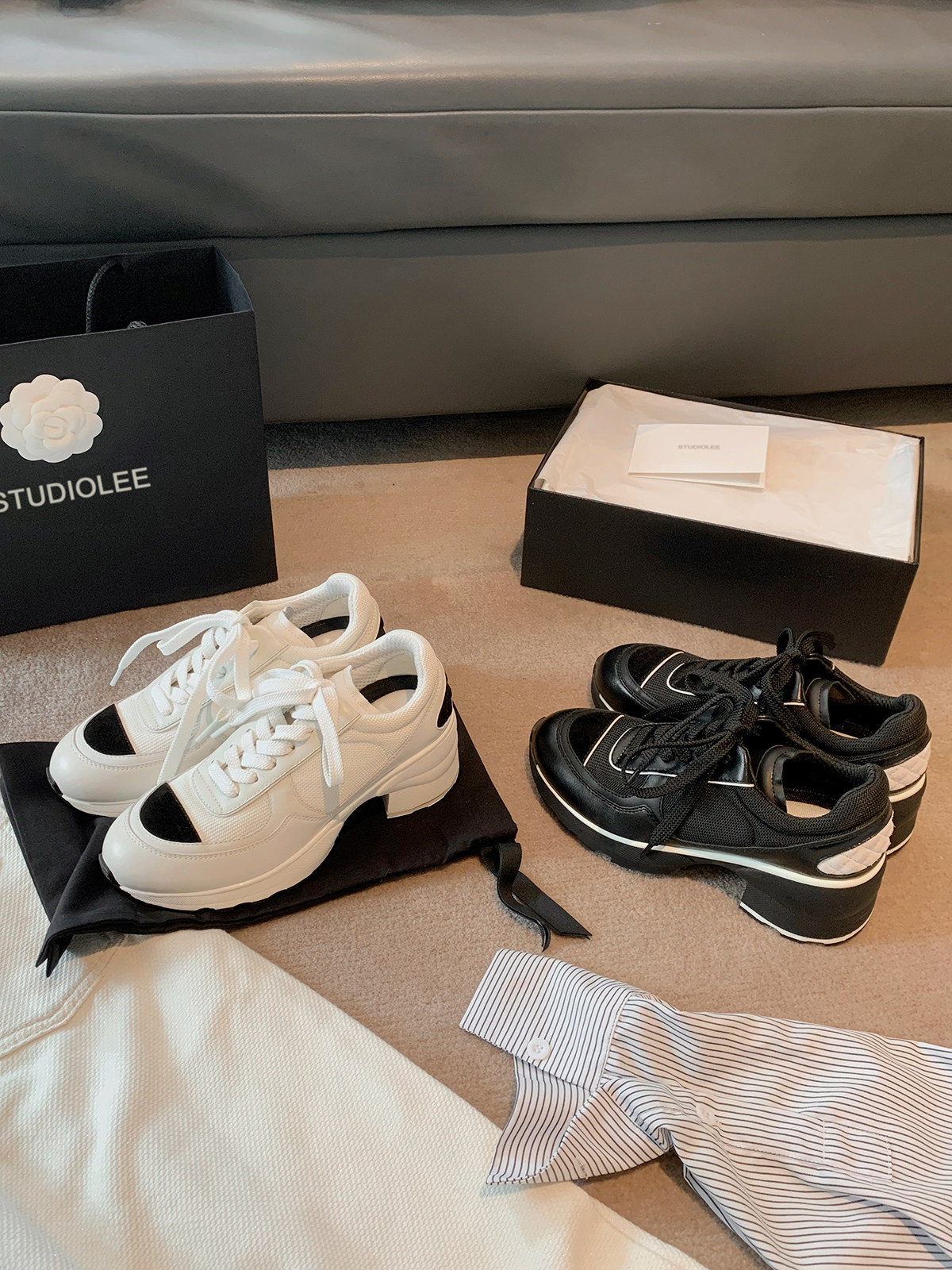 葡萄妈studiolee 6.5cm粗跟~新款小香风熊猫拼色牛皮运动休闲鞋女主图