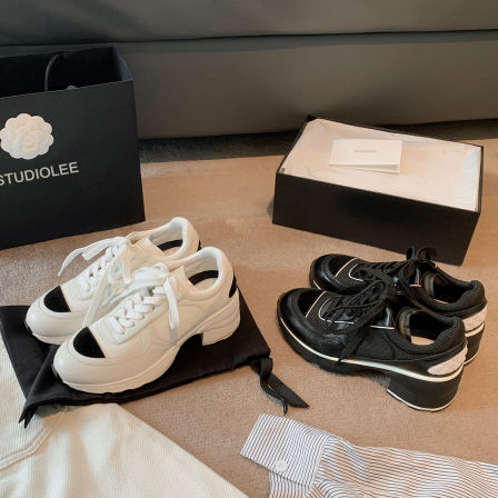 葡萄妈studiolee 6.5cm粗跟~新款小香风熊猫拼色牛皮运动休闲鞋女