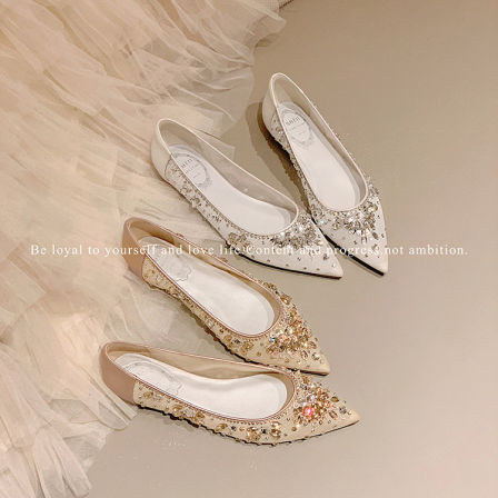 【限量500双】纯欲水晶鞋~尖头手工缝钻平底网纱单鞋女宴会鞋婚鞋