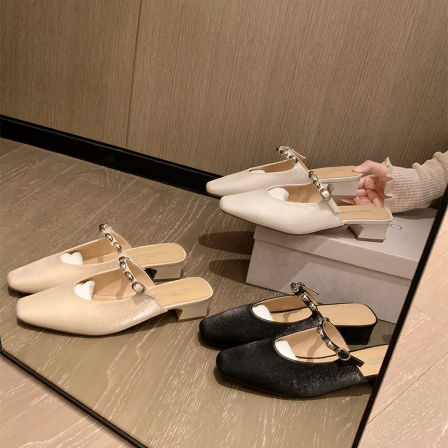 【苏茵茵】银豆穆勒拖~方头丝光扣带粗跟玛丽珍拖鞋女半拖ol通勤