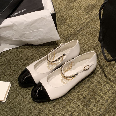 葡萄妈studiolee 气质绝美小香风珍珠链条拼接浅口玛丽珍鞋女春款