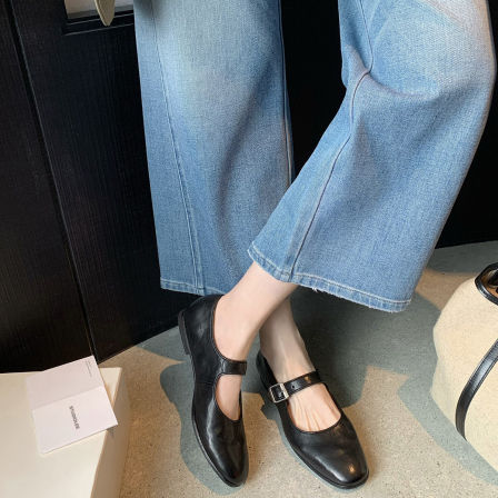 葡萄妈studiolee 早春新款质感马皮手工感圆头一字带玛丽珍鞋女