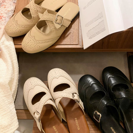 葡萄妈studiolee 春季新款镂空雕花交叉扣带平底鞋包头半拖鞋女