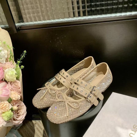 葡萄妈studiolee 闪闪镂空网面蝴蝶结双扣带芭蕾鞋早春漂亮单鞋女