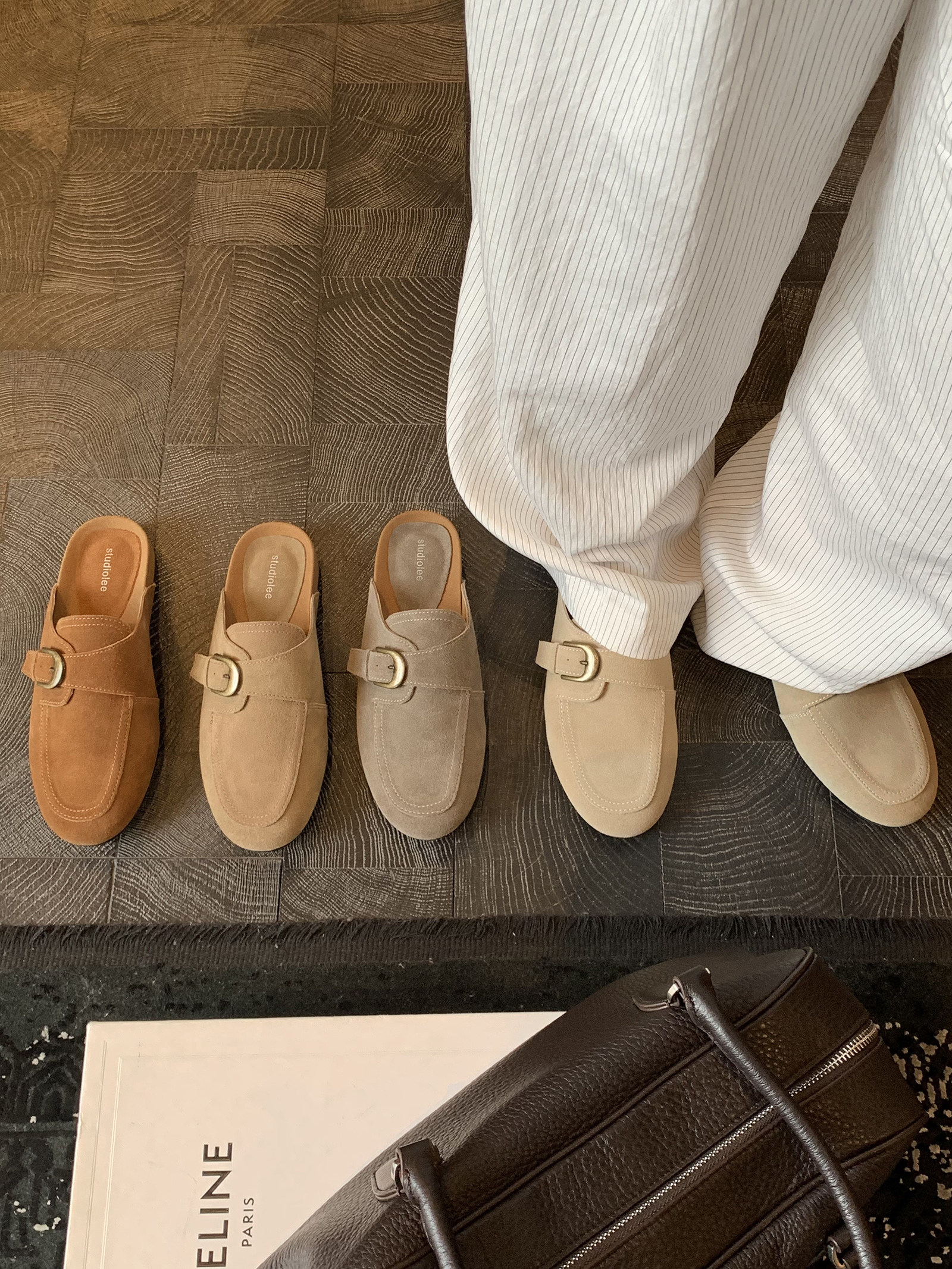 葡萄妈studiolee 美拉德色系圆头扣带一脚蹬休闲通勤穆勒半拖鞋女主图