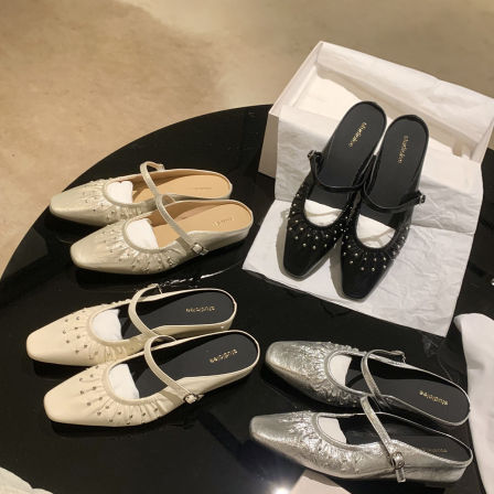 葡萄妈studiolee 跟高3.5cm~法式钉珠褶皱浅口一字带穆勒半拖鞋女