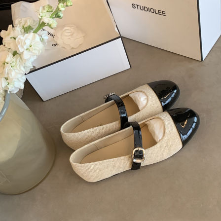 葡萄妈studiolee 气质百搭小圆头针织拼接一字带浅口玛丽珍单鞋女