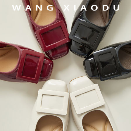 原创【王小毒】简约方扣●3.5cm粗跟浅口单鞋女方头通勤复古跟鞋