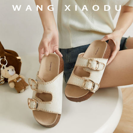 【王小毒】勃肯风格●增高4cm~复古绒面厚底一字拖鞋女外穿双排扣