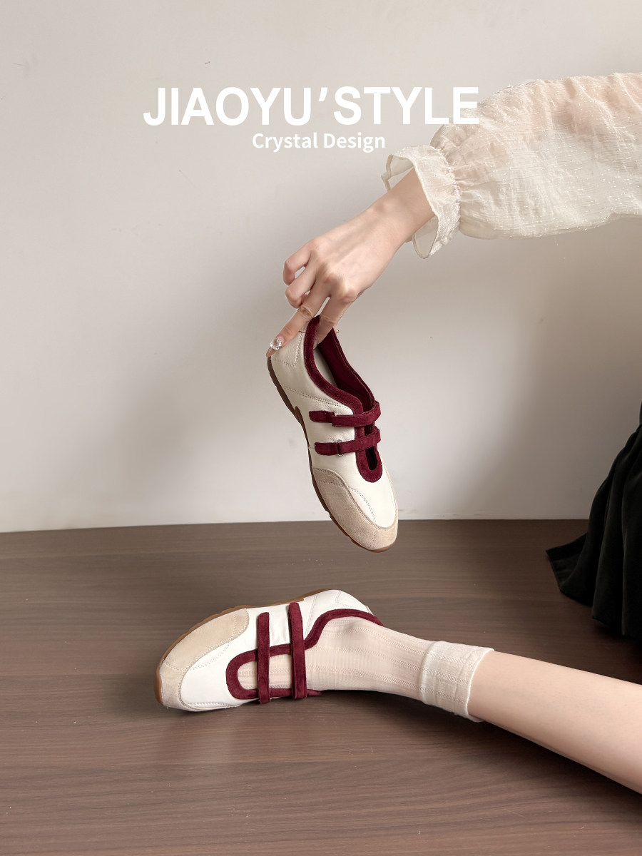 真皮~骄屿复古拼色魔术贴芭蕾玛丽珍鞋2026新款红色浅口运动凉鞋主图