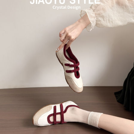 真皮~骄屿复古拼色魔术贴芭蕾玛丽珍鞋2026新款红色浅口运动凉鞋