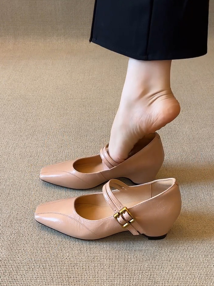 羊皮版~法式双扣带温柔玛丽珍鞋女方头内增高简约优雅气质单鞋子主图