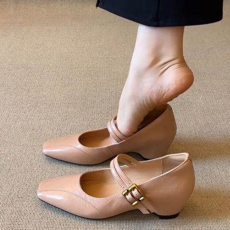 羊皮版~法式双扣带温柔玛丽珍鞋女方头内增高简约优雅气质单鞋子