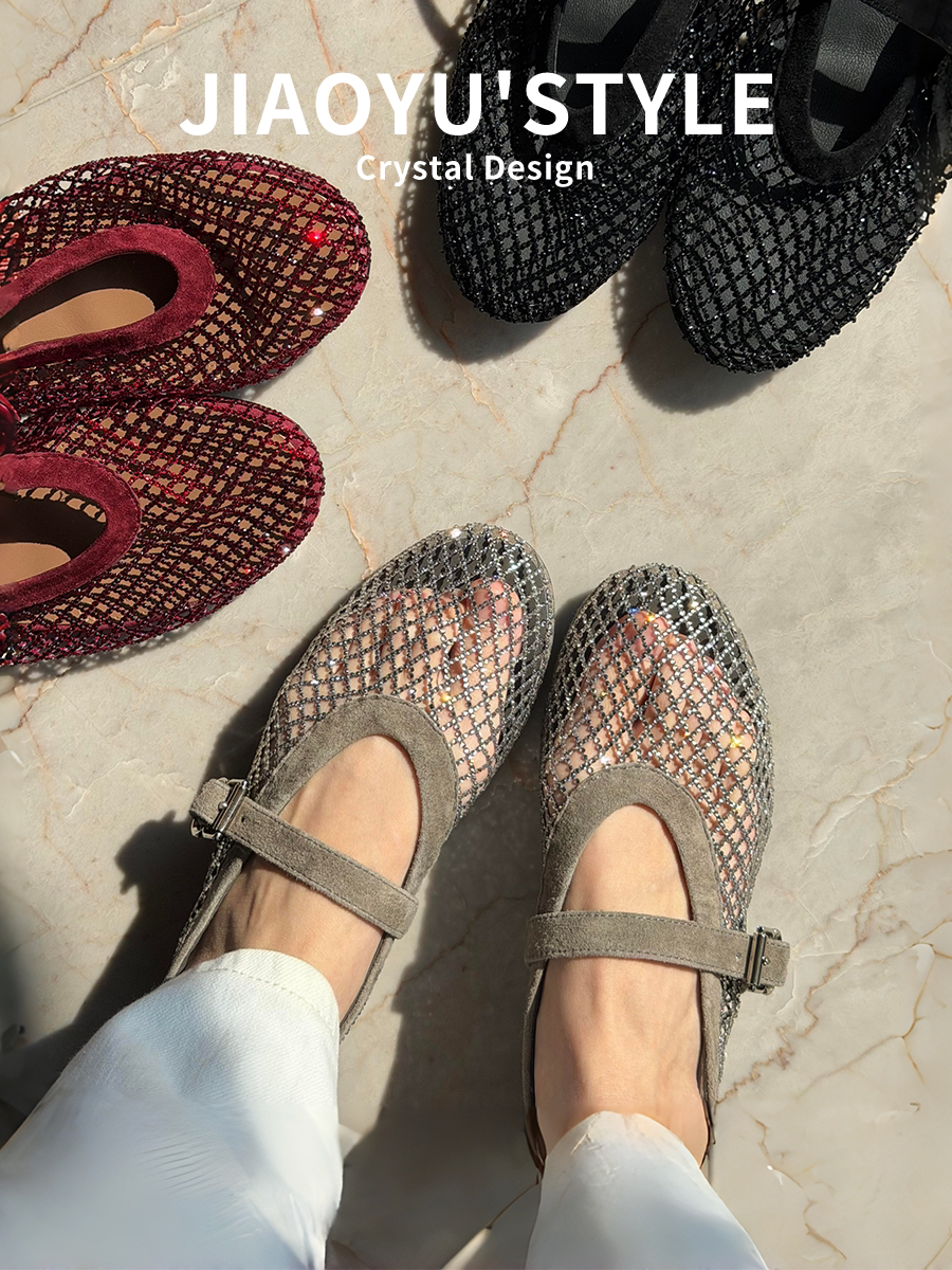 真皮~骄屿镂空水钻包头凉鞋女2026新款渔网鞋透气编织玛丽珍单鞋主图