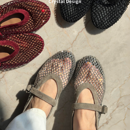 真皮~骄屿镂空水钻包头凉鞋女2026新款渔网鞋透气编织玛丽珍单鞋