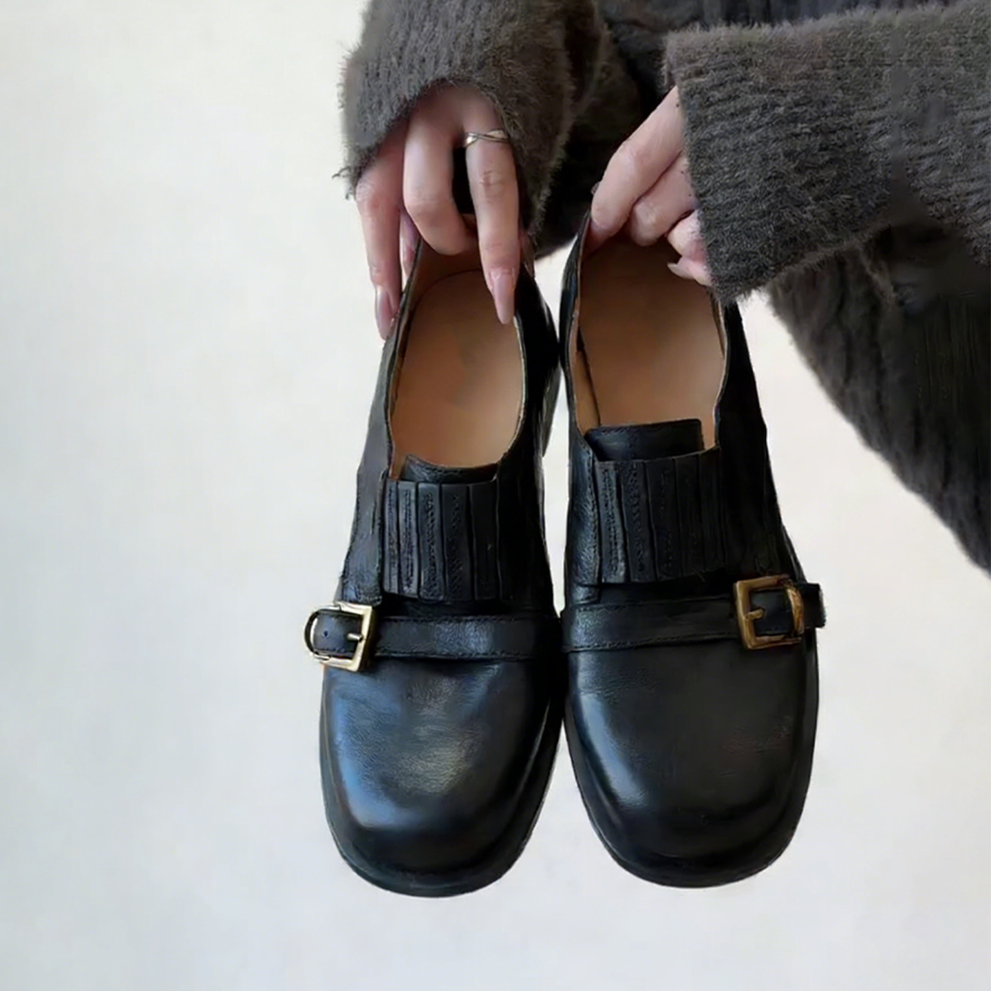 羊皮版~通勤小个子低跟皮带扣百搭鞋子复古老钱风日常外穿乐福鞋主图