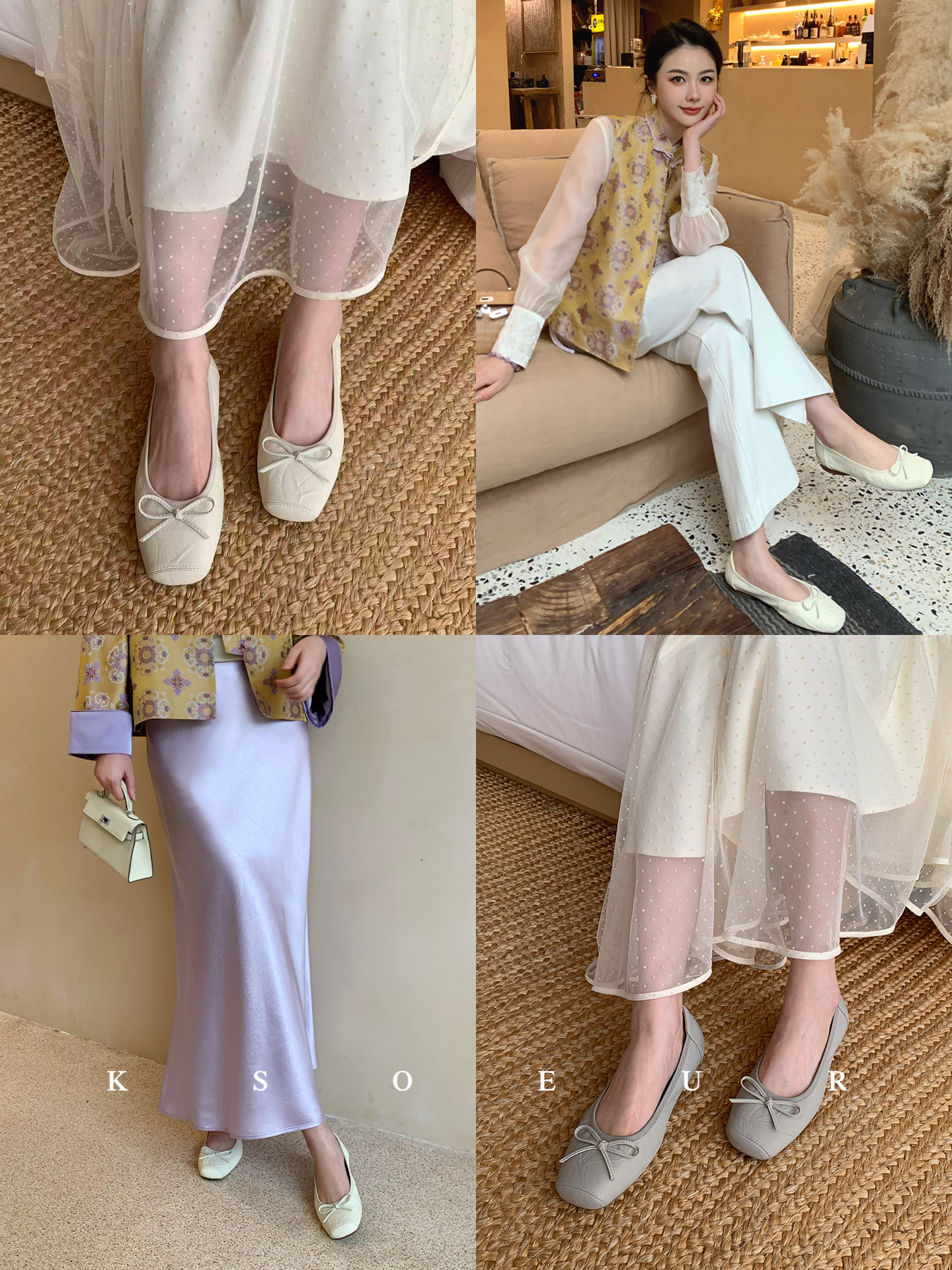 K姐【丝绸羊皮奶油芭蕾鞋】头层羊皮 手抓纹理蝴蝶结芭蕾单鞋主图